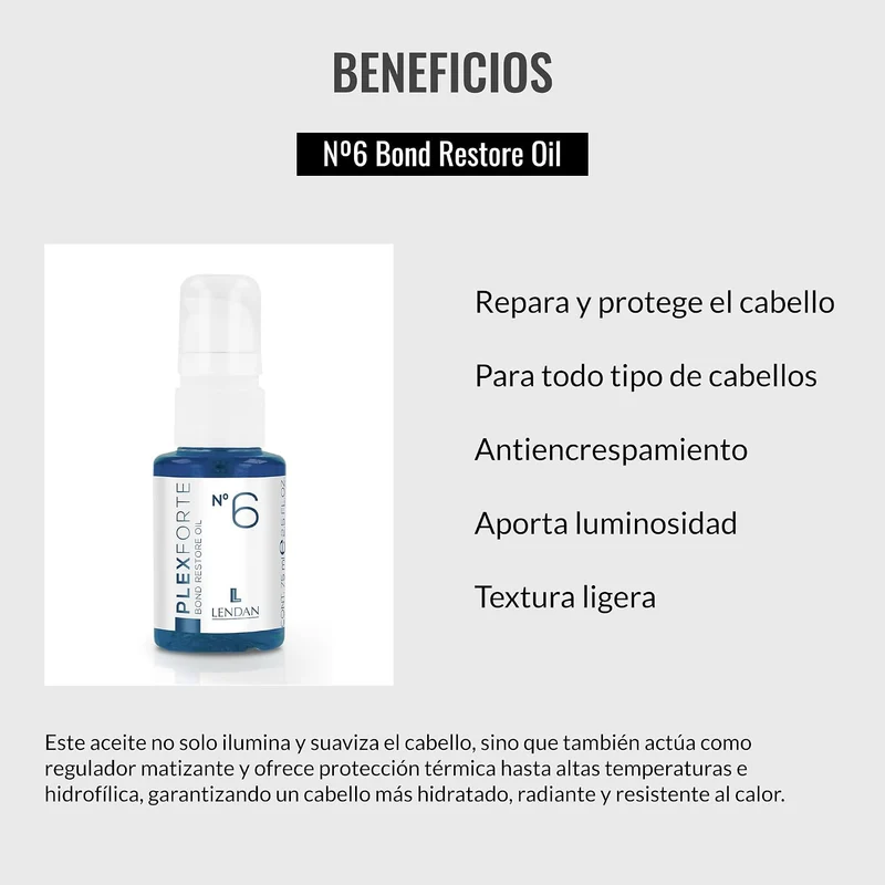 LENDAN - Plex Forte Nº6 Bond Restore Oil Aceite Capilar con Argán, Vitamina E y Monoï de Tahití 75 ml - Repara, Antirrotura y Protección Térmica 232º