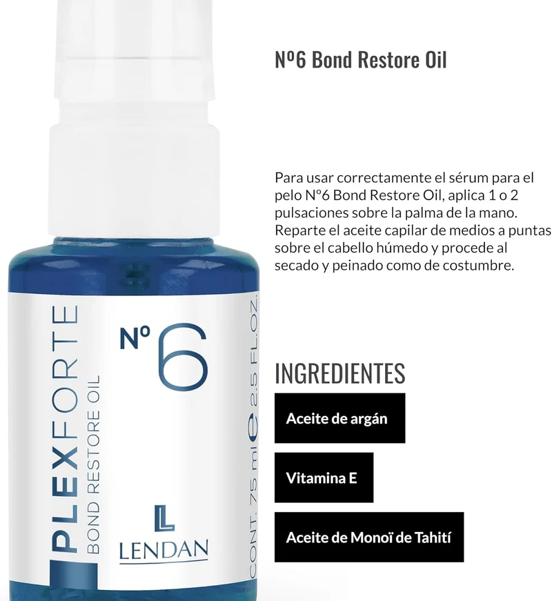 LENDAN - Plex Forte Nº6 Bond Restore Oil Aceite Capilar con Argán, Vitamina E y Monoï de Tahití 75 ml - Repara, Antirrotura y Protección Térmica 232º