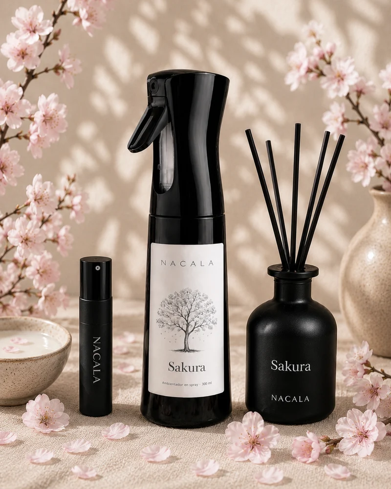 Ambientador NACALA - Sakura (Spray, Coche o Mikado) - Aroma Sensual a Flor de Cerezo y Vainilla - Floral Cálido para Dormitorio y Centros de Belleza