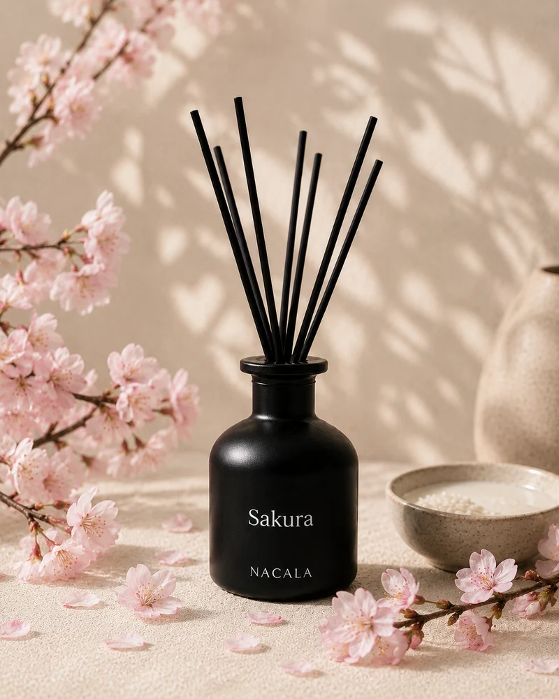 Ambientador NACALA - Sakura (Spray, Coche o Mikado) - Aroma Sensual a Flor de Cerezo y Vainilla - Floral Cálido para Dormitorio y Centros de Belleza