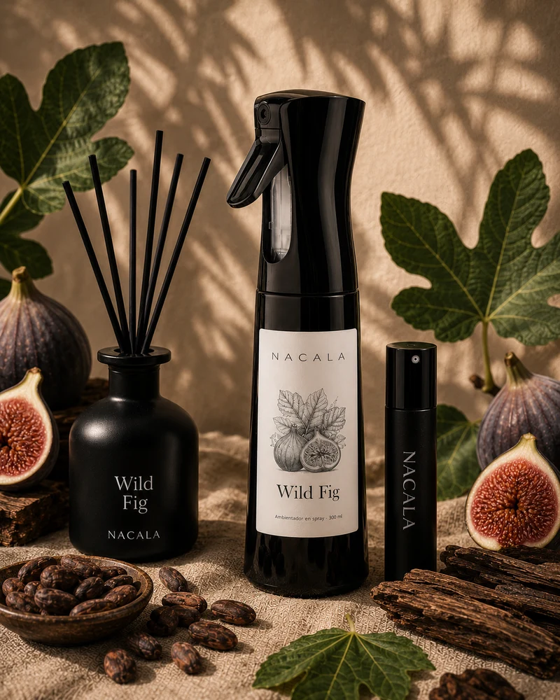 Ambientador NACALA - Wild Fig (Spray, Coche o Mikado) - Olor a Higo Silvestre Verde y Maderas - Fragancia Elegante para Hogar, Oficina y Negocio
